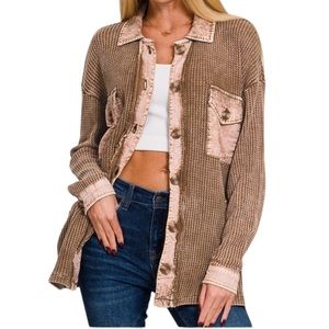 281. Women's Camel Cotton Waffle Acid Wash Shacket NEW